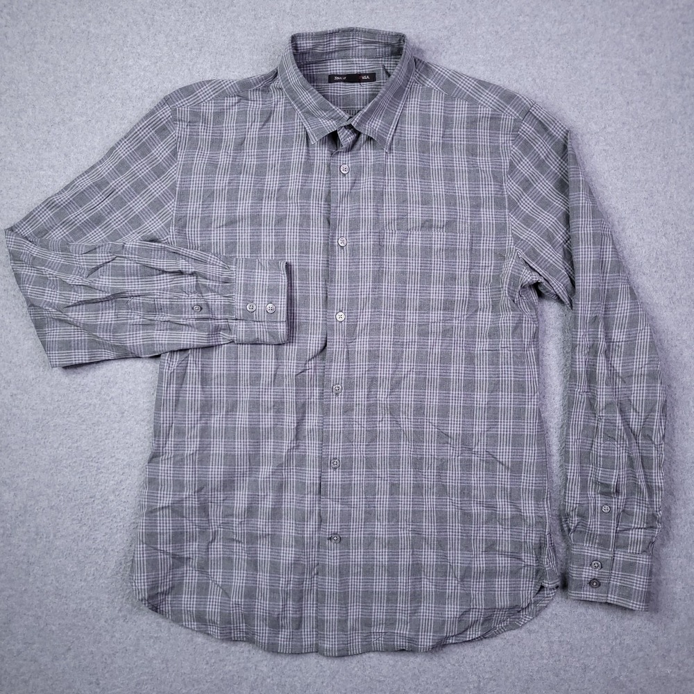 John Varvatos Button Up Shirt Medium Long Sleeve Gray Plaid Pocket Cotton Mens